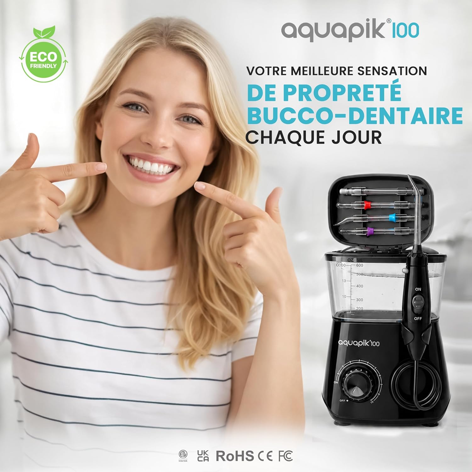 Aquapik100 Hydropulseur Dentaire Water Flosser 600 ml 10 Niveaux 8 Embouts - C-noir One Size
