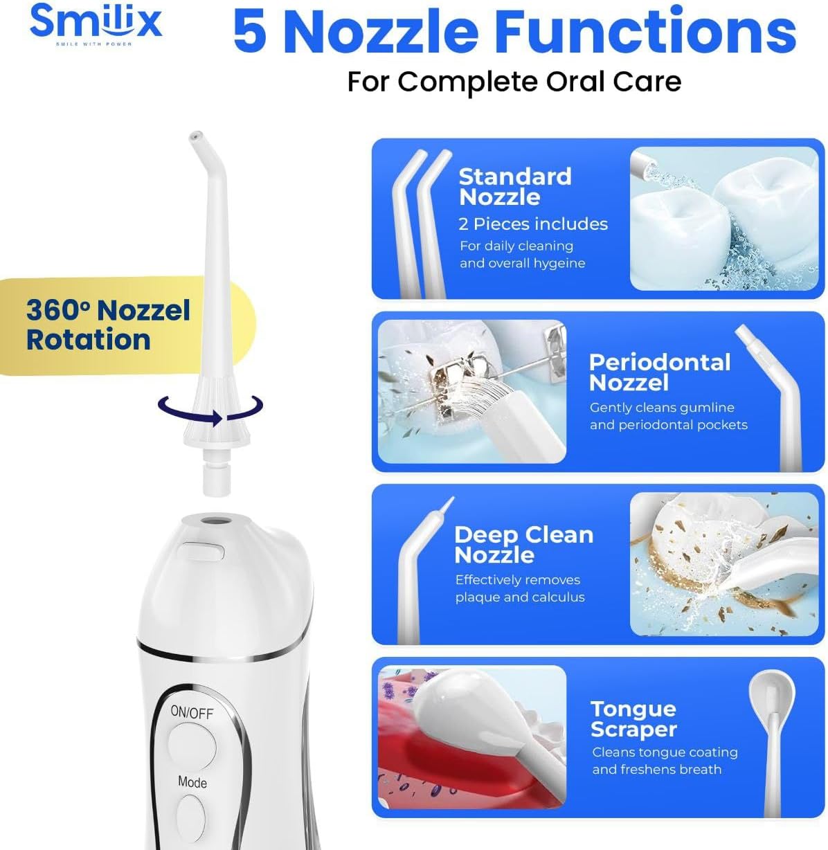 Smilix Hydropulseur sans fil pour le nettoyage des dents – Irrigateur buccal rechargeable USB-C, grand réservoir de 300 ml, étanchéité IPX7, 5 embouts + étui de voyage, nettoyage en profondeur pour