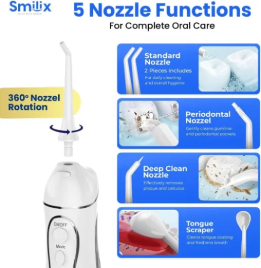 Smilix Hydropulseur sans fil pour le nettoyage des dents – Irrigateur buccal rechargeable USB-C, grand réservoir de 300 ml, étanchéité IPX7, 5 embouts + étui de voyage, nettoyage en profondeur pour