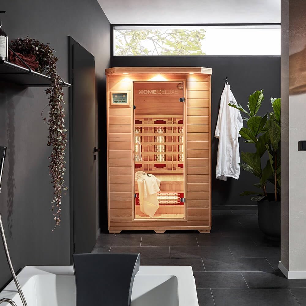 Home Deluxe – Cabine infrarouge REDSUN M VSS - 120 x 105 x 190 cm - pour 2 personnes, 6 émetteurs à spectre complet, bois : pruche I Sauna infrarouge, sauna, cabine chauffante, infrarouge