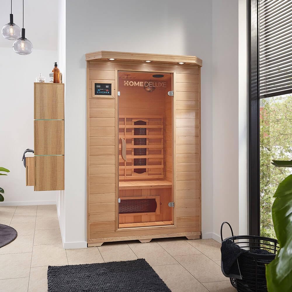 HOME DELUXE - Cabine infrarouge REDSUN M - 120 x 105 x 190 cm - pour 2 personnes, 5 émetteurs céramiques - Bois : Hemlock I Sauna infrarouge, sauna, cabine chauffante, infrarouge