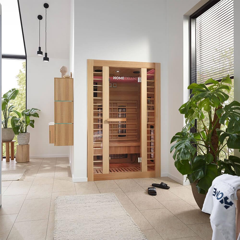 HOME DELUXE - Cabine infrarouge REDSUN M DELUXE - 120 x 105 x 190 cm - pour 2 personnes, 5 émetteurs à spectre complet, bois : sapin de HemlockI Sauna infrarouge, sauna, cabine chauffante, infrarouge