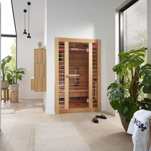 HOME DELUXE - Cabine infrarouge REDSUN M DELUXE - 120 x 105 x 190 cm - pour 2 personnes, 5 émetteurs à spectre complet, bois : sapin de HemlockI Sauna infrarouge, sauna, cabine chauffante, infrarouge