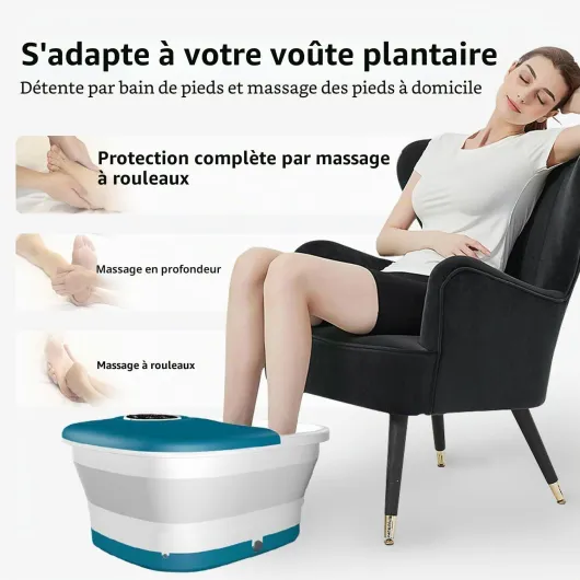 KNQZE Bain de Pied Massant Chauffant, Pliable Spa Pieds Bain Massage avec Télécommande, Minuterie, Vibration, Pierre Ponce, Balneotherapie Pieds avec 16 Rouleaux de Massage, Bleu