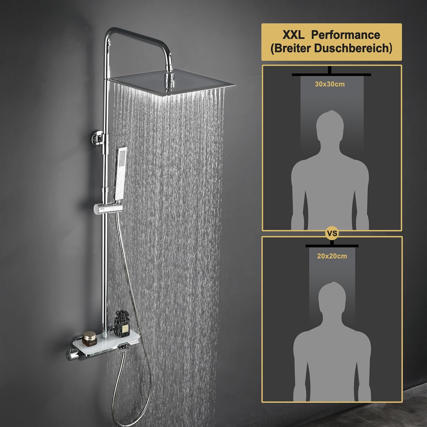 Görbach Colonne de douche avec robinetterie, acier inoxydable système de douche avec barre de douche réglable hauteur, pommeau pluie 30x30 cm et mitigeur thermostatique, Chromée 30x30 cm Chromée Premium