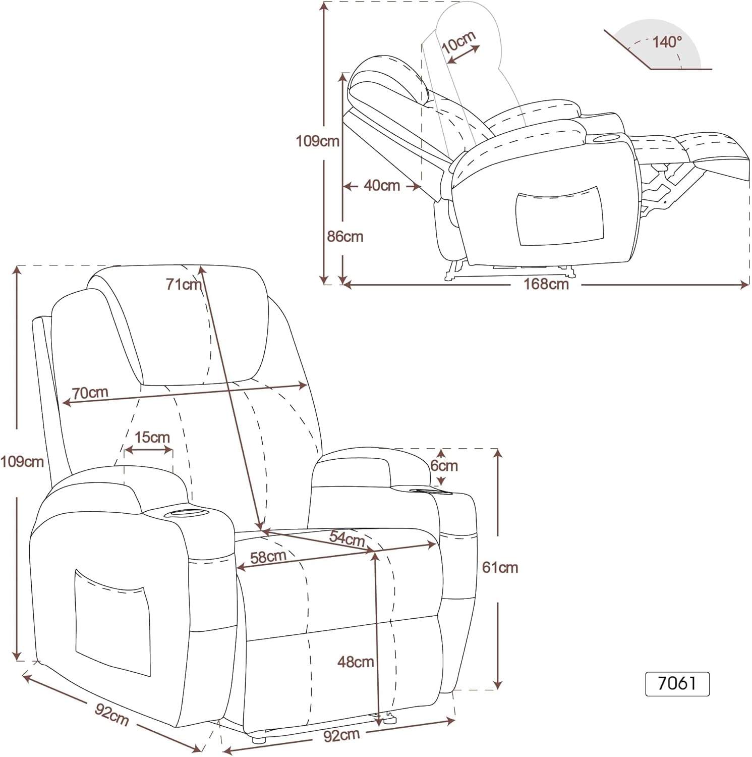 Fauteuil de Relaxation électrique Fauteuil de Massage Fauteuil TV Fonction inclinable Chauffage par Vibrations Nouveau modèle 7061 (Similicuir, crème) Crème Simili cuir