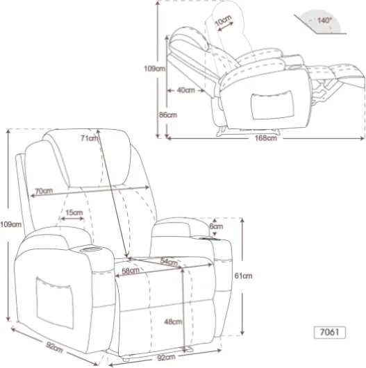 Fauteuil de Relaxation électrique Fauteuil de Massage Fauteuil TV Fonction inclinable Chauffage par Vibrations Nouveau modèle 7061 (Similicuir, crème) Crème Simili cuir