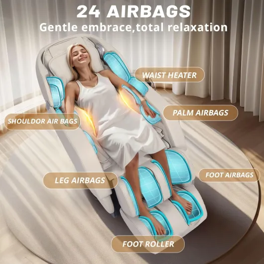 Fauteuil de Massage pour Tout Le Corps - Chaise de Massage Intelligente Zero Gravity - Mains robotiques 3D avec Rail SL - Fauteuil de Relaxation Bluetooth-Brun Blanc