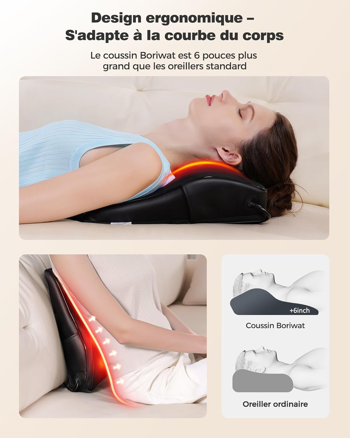 Boriwat Masseur Dos et Cervicales, Massage Shiatsu 16 Nœuds, Chaleur 2 Zones & 2 Niveaux (38‑59°C), Grand Taille 38 cm, Massage Cervicales et Cou, Nuque, Épaules, Lombaires, Jambes, Cadeau Homme Femme BW-R7-FR