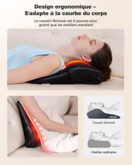 Boriwat Masseur Dos et Cervicales, Massage Shiatsu 16 Nœuds, Chaleur 2 Zones & 2 Niveaux (38‑59°C), Grand Taille 38 cm, Massage Cervicales et Cou, Nuque, Épaules, Lombaires, Jambes, Cadeau Homme Femme BW-R7-FR