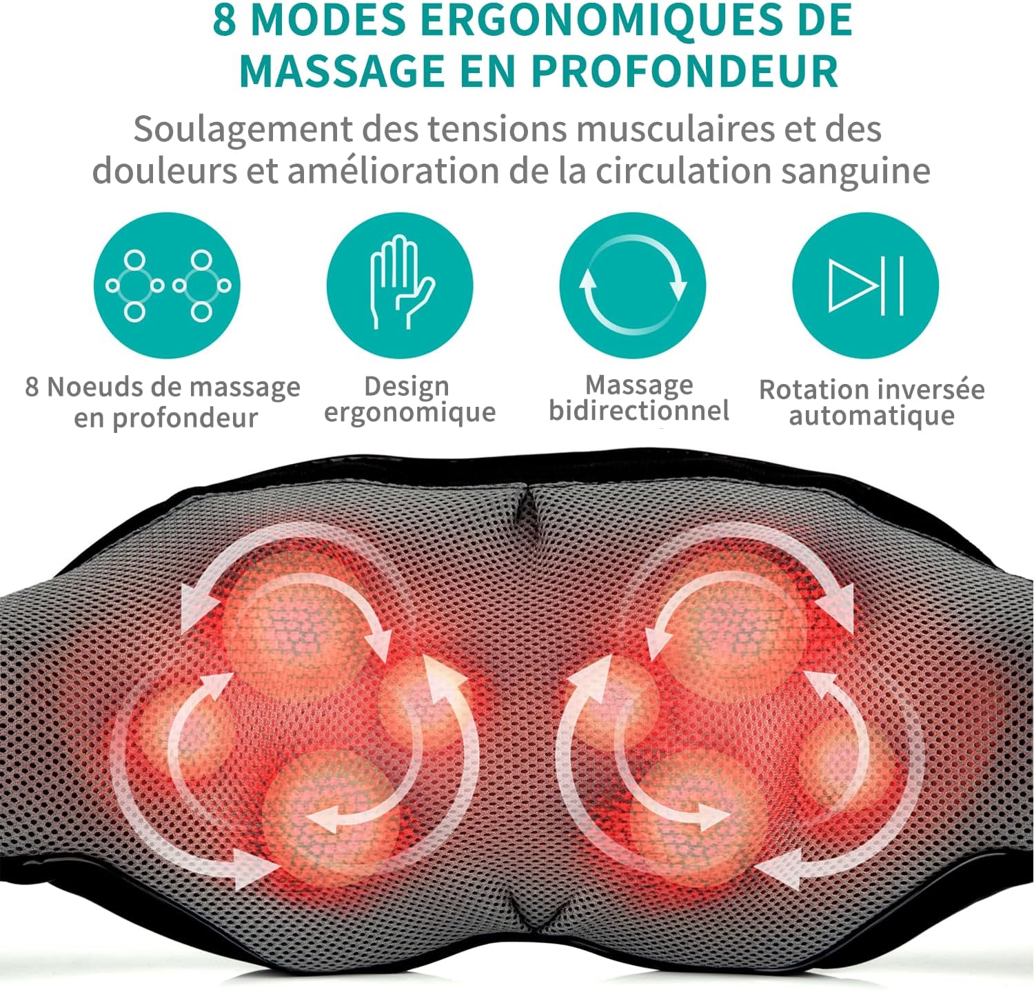 Massage du cou et du dos Nekteck Shiatsu, avec chaleur apaisante et oreiller de massage 3D en tissu électrique profond, peut soulager les douleurs musculaires des épaules et du corps Noir