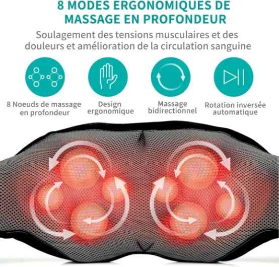 Massage du cou et du dos Nekteck Shiatsu, avec chaleur apaisante et oreiller de massage 3D en tissu électrique profond, peut soulager les douleurs musculaires des épaules et du corps Noir