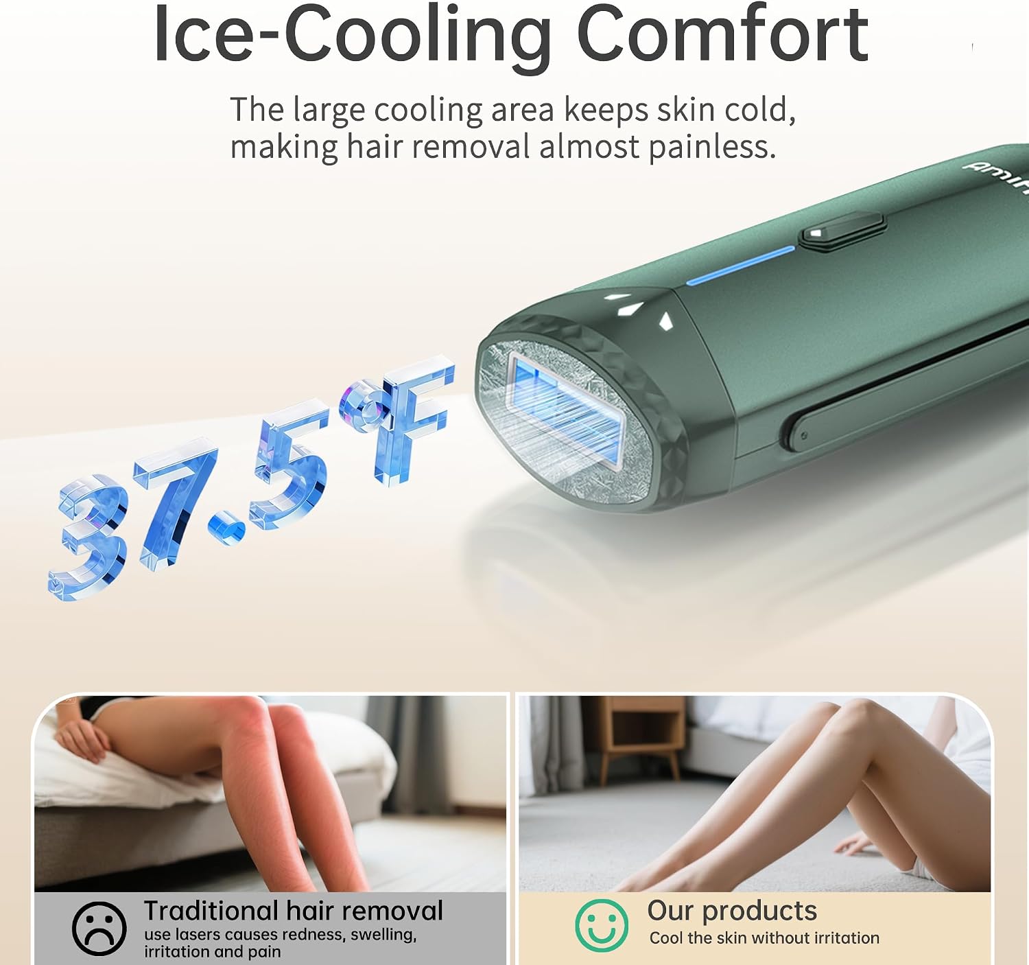 Ice Cooling IPL Appareil d'épilation pour un usage domestique, machine d'épilation laser, épilateur indolore pour femme et homme, 3 niveaux d'énergie et 2 modes, utilisation du visage et Vert