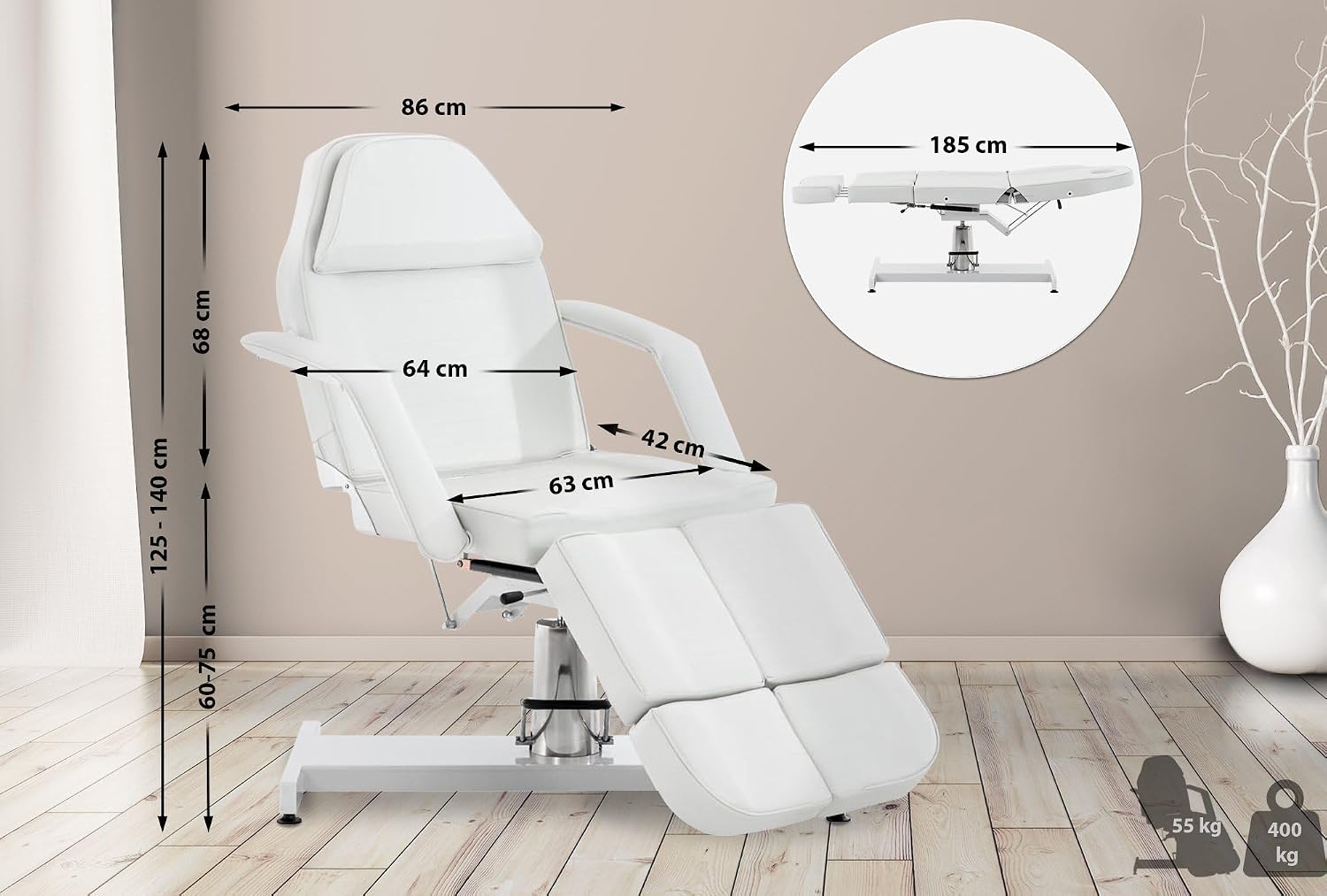 Fauteuil De Massage Hydraulique Split V2 en Similicuir I Hauteur Réglable en Continue Accoudoirs Réglables Chaise Cosmétique Multifonction, Couleur:Blanc