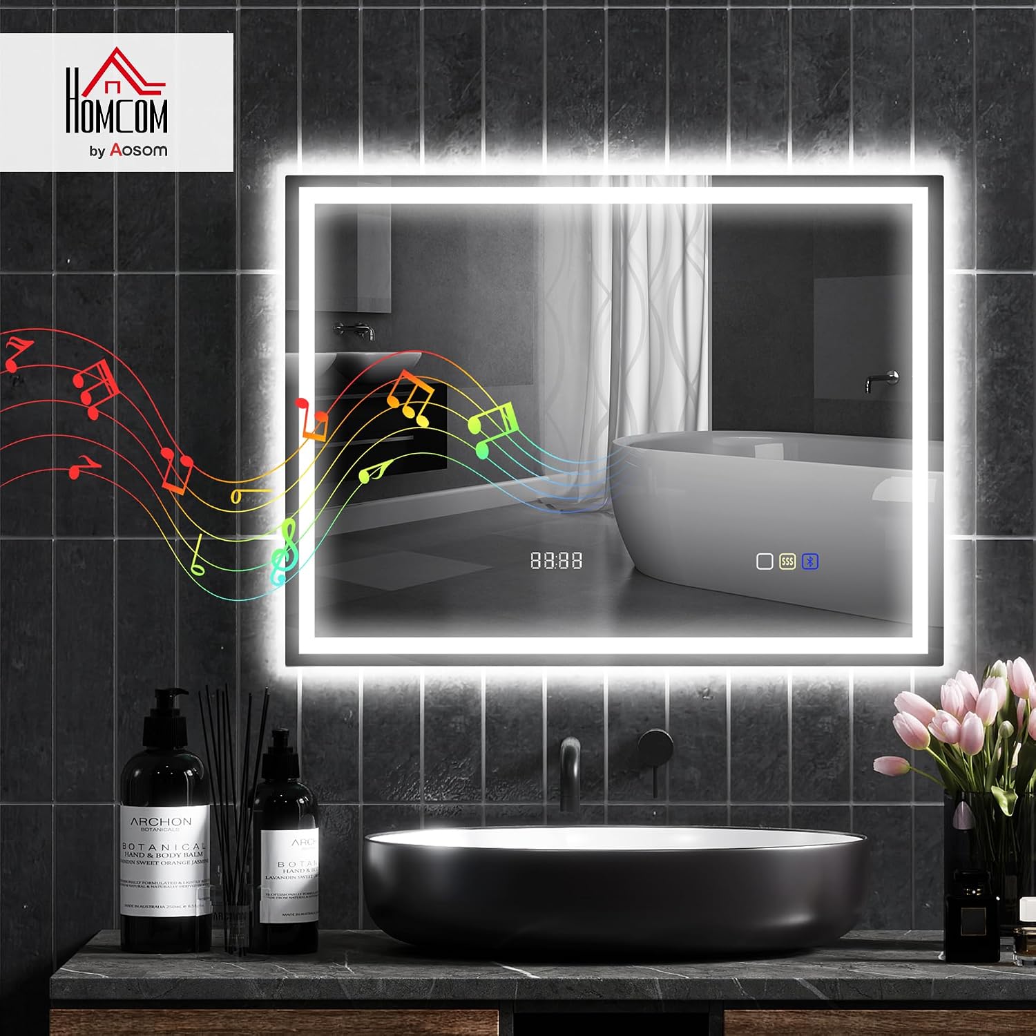 Miroir Salle de Bain Bluetooth avec Éclairage LED 60 x 80 cm Argent 80L x 60l cm