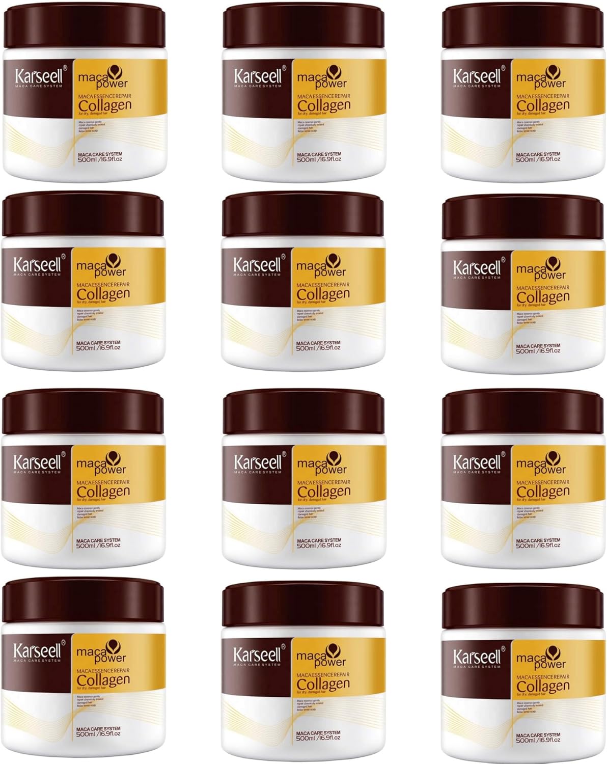 Karseell MACA CARE SYSTEM- Lot de 12 unités Masque capillaire au collagène- Réparation en profondeur- Hydratation intense- Cheveux secs et abîmés- Argan- Anti-Frizz- Tous types de cheveux 12x500 ml.