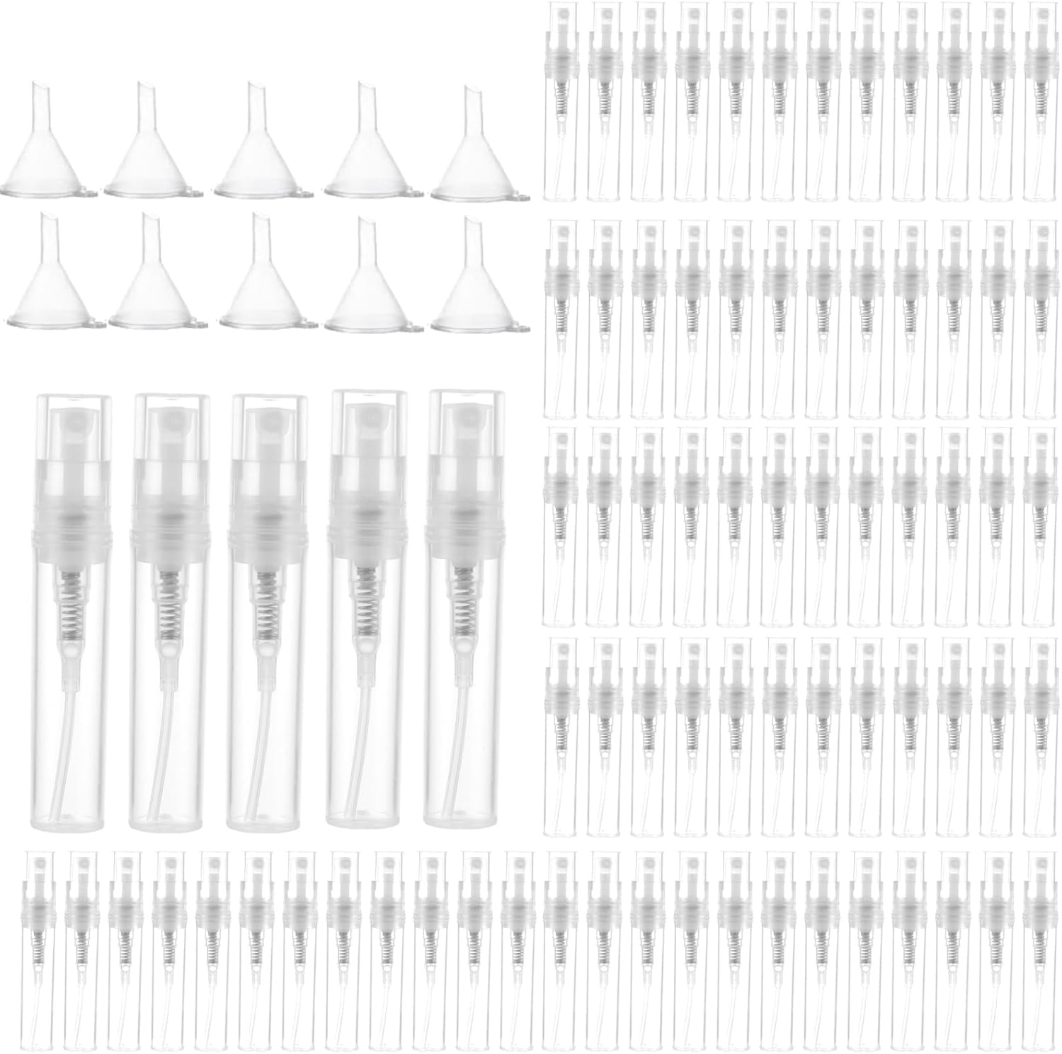 MUXHEL Lot de 80 mini vaporisateurs de parfum, 3 ml, rechargeables, échantillons de parfum, échantillons de parfum, 10 entonnoirs
