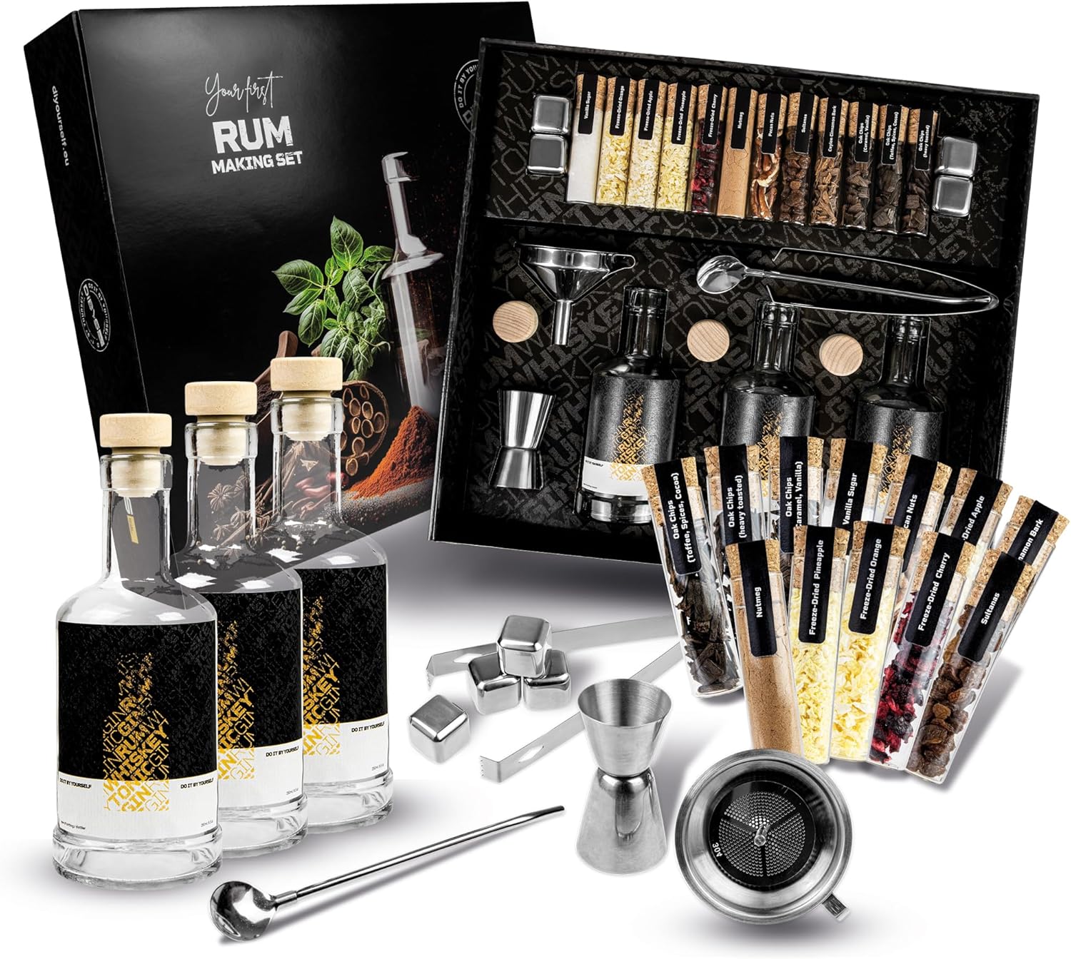 DIBYS Kit préparation Rhum arrangé - Coffret avec 12 épices Naturelles et Accessoires - Cadeau pour Homme et Femme - Kit de dégustation de Rhum DIY avec 4 Recettes - Set à Faire soi-même