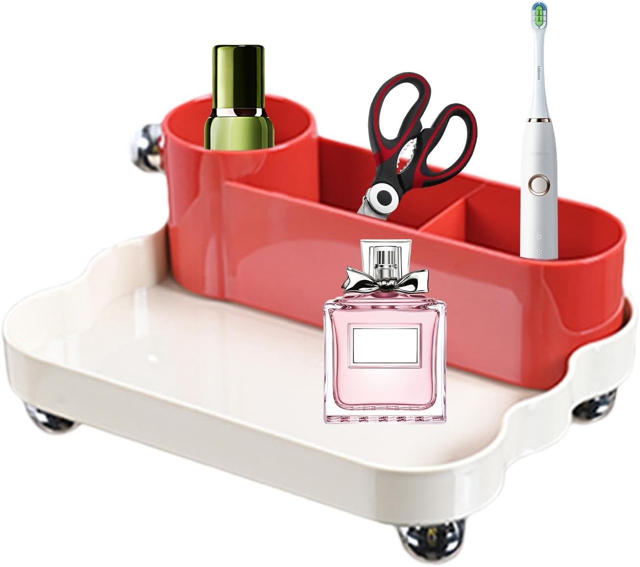 Grande vitrine cosmétique – Boîte de rangement robuste multicouche pour maquillage, design innovant divisé pour soins de la peau, garde-corps surélevé pour une meilleure protection Rouge