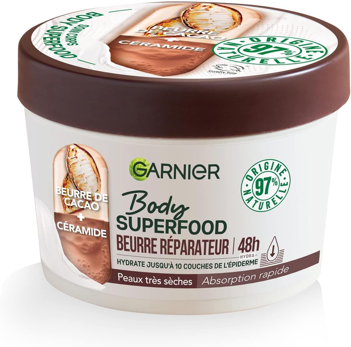 Body Superfood - Crème Soin Corps Réparatrice - Hydratation 48H - Formule Vegan & à 97% d'Origine Naturelle - Au Beurre de Cacao & Céramide - Pour Peaux Sèches - 380 ml Beurre Réparateur, Cacao + Céramide 380 ml (Lot de 1) Soin Corps
