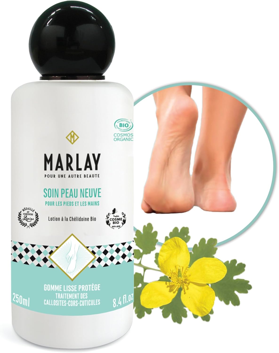 Cosmetics - Soin Peau Neuve 250 ml - Lotion Pieds Secs et Abimés à la Chélidoine Bio - 99% Origine Naturelle - Soigne Callosités, Cuticules, Cors & Crevasses - Végan - Fabriqué en France 250 ml (Lot de 1)