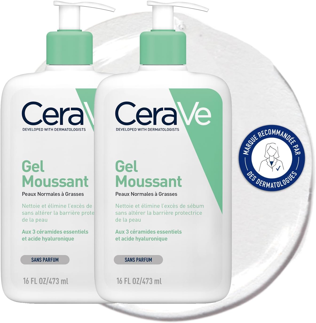 CeraVe - Gel Moussant - Nettoie & Elimine l'Excès de Sébum Sans Altérer la Barrière Cutanée - Acide Hyaluronique, Céramides & Niacinamide - Peau Normales à Grasses - 2x473ml