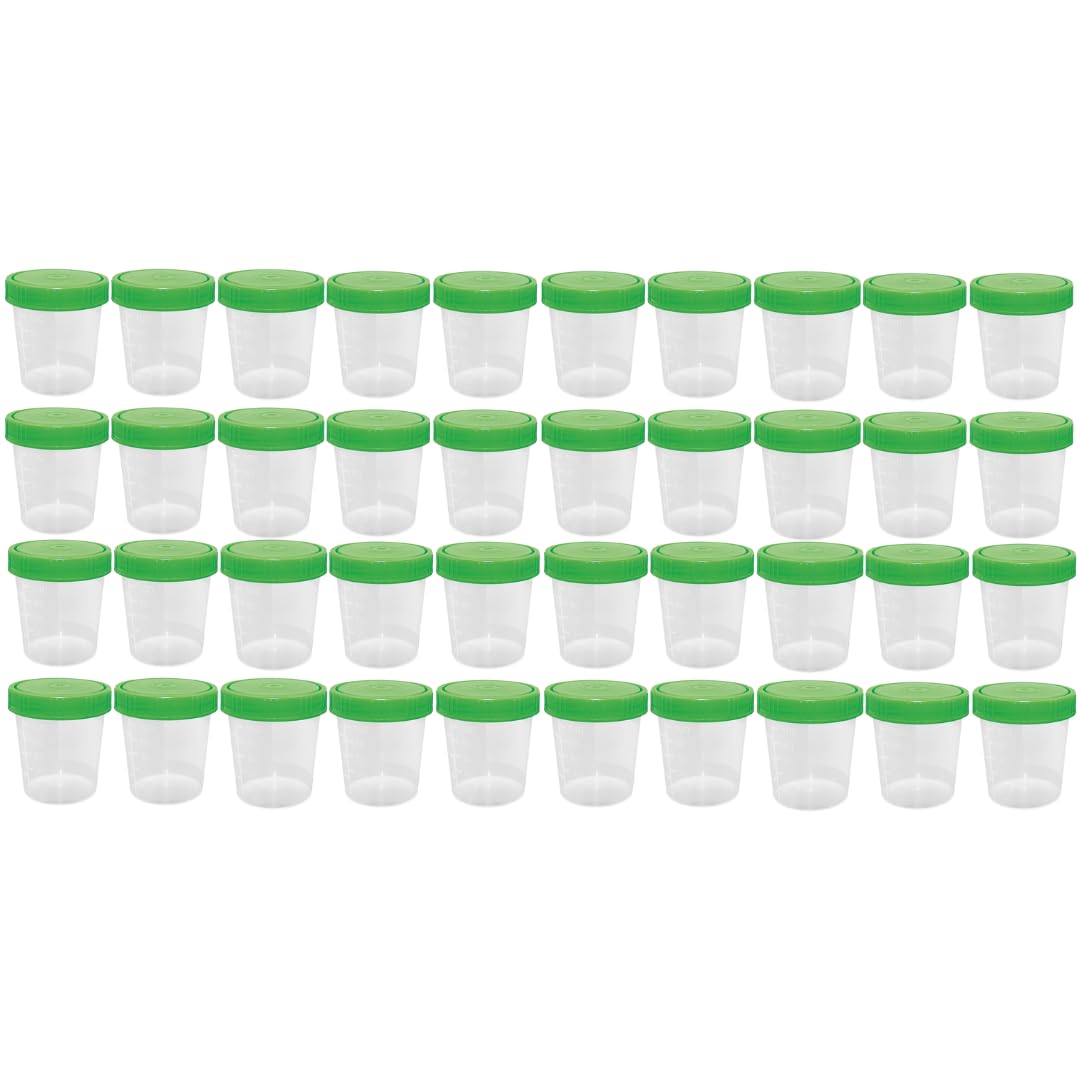 Parahealth Lot de 40 gobelets à urine de qualité supérieure - 125 ml - Couvercle à visser - Vert - Gradués jusqu'à 100 ml - Anti-fuite, inscriptibles, adaptés au congélateur