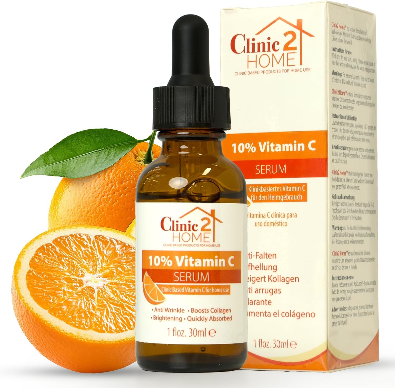 Clinic2Home Sérum Vitamine C pour le Visage - Puissant Sérum Vit C 10% pour les Taches Brunes, les Rides et les Fines Lignes - Anti-Âge, Booster de Collagène et Éclat du Teint, Soin Visage à Base