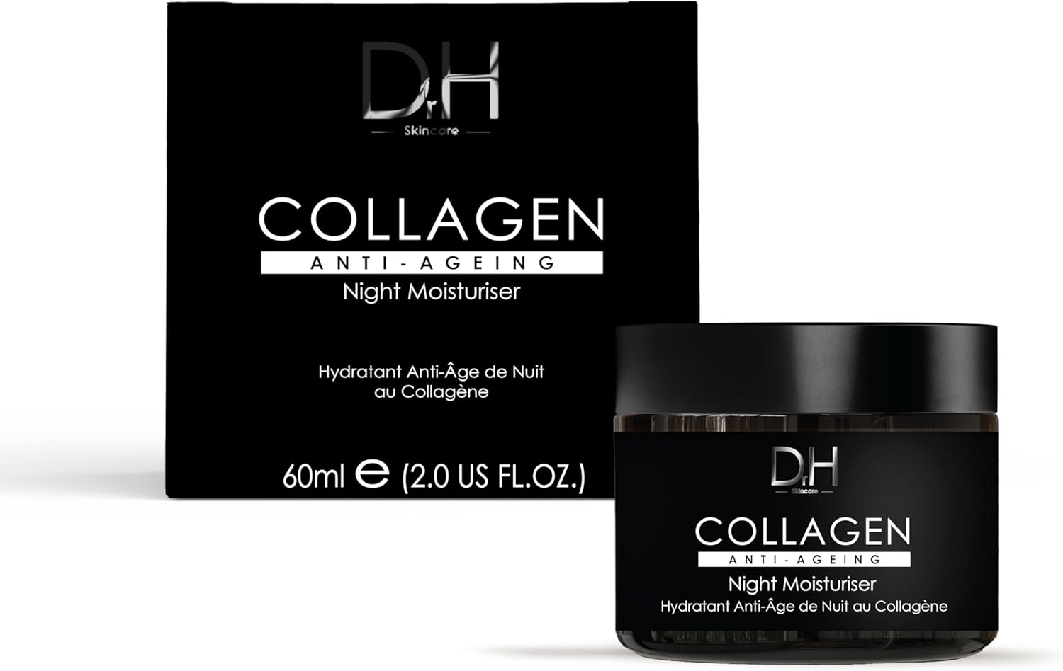 Dr H Collagène Crème hydratante de nuit anti-âge 60 ml – Puissant soin anti-âge avec collagène, palmitoyl tripeptide-1 et acide lactique - Hydrate, raffermite, réduit les ridules et améliore la