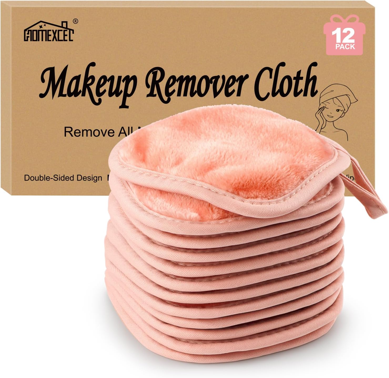 HOMEXCEL Lingettes démaquillantes réutilisables, lavables et ultra-douces en microfibre pour tous les types de peau - Lingettes démaquillantes roses (12,7 x 12,7 cm, paquet de 12)