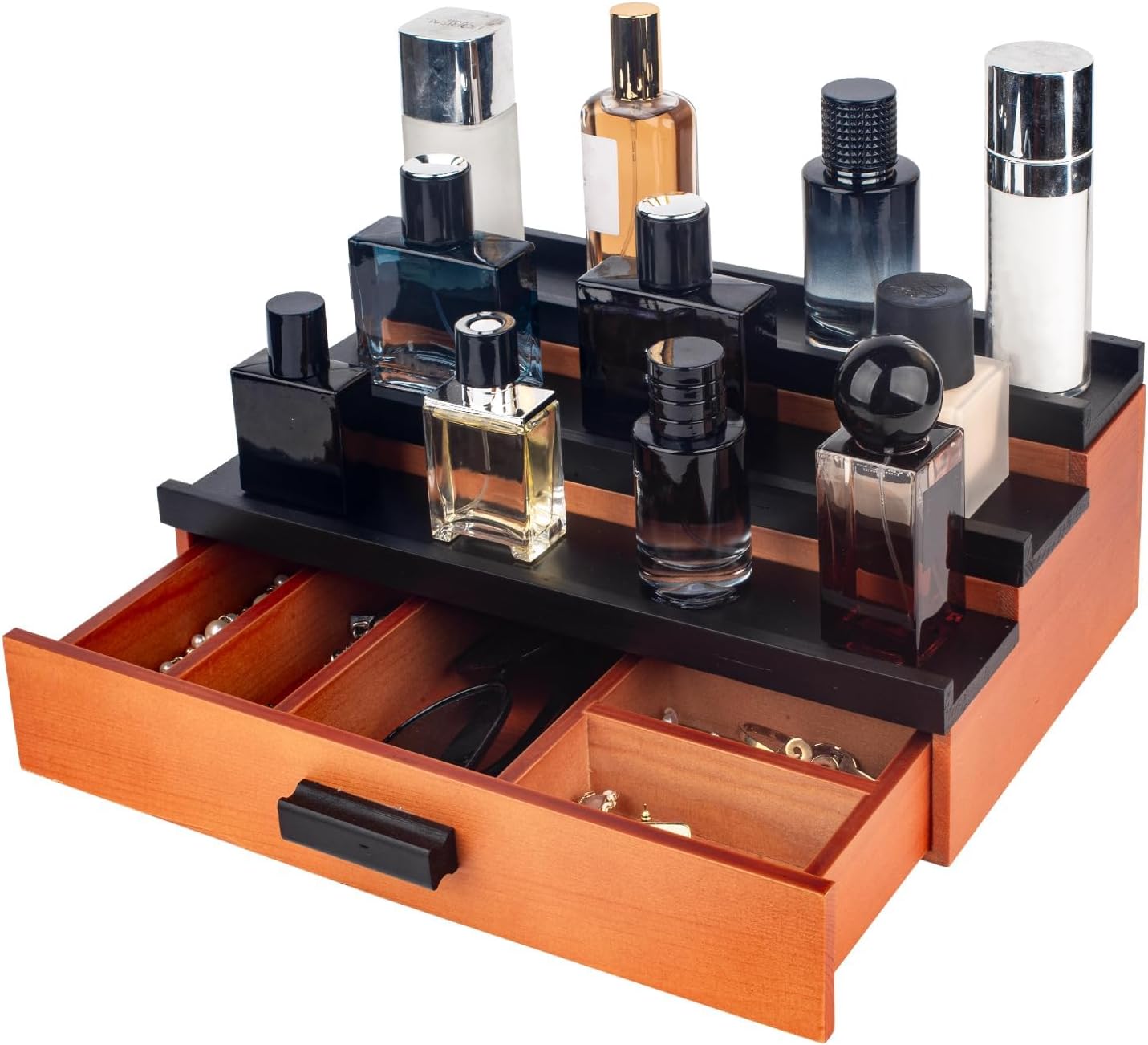 Cokritsm Présentoir à parfum en bois,Boîte d'exposition avec tiroir,Présentoir à eau de Cologne à trois niveaux, pour l'Organisation et la Décoration Couleur Originale du Bois