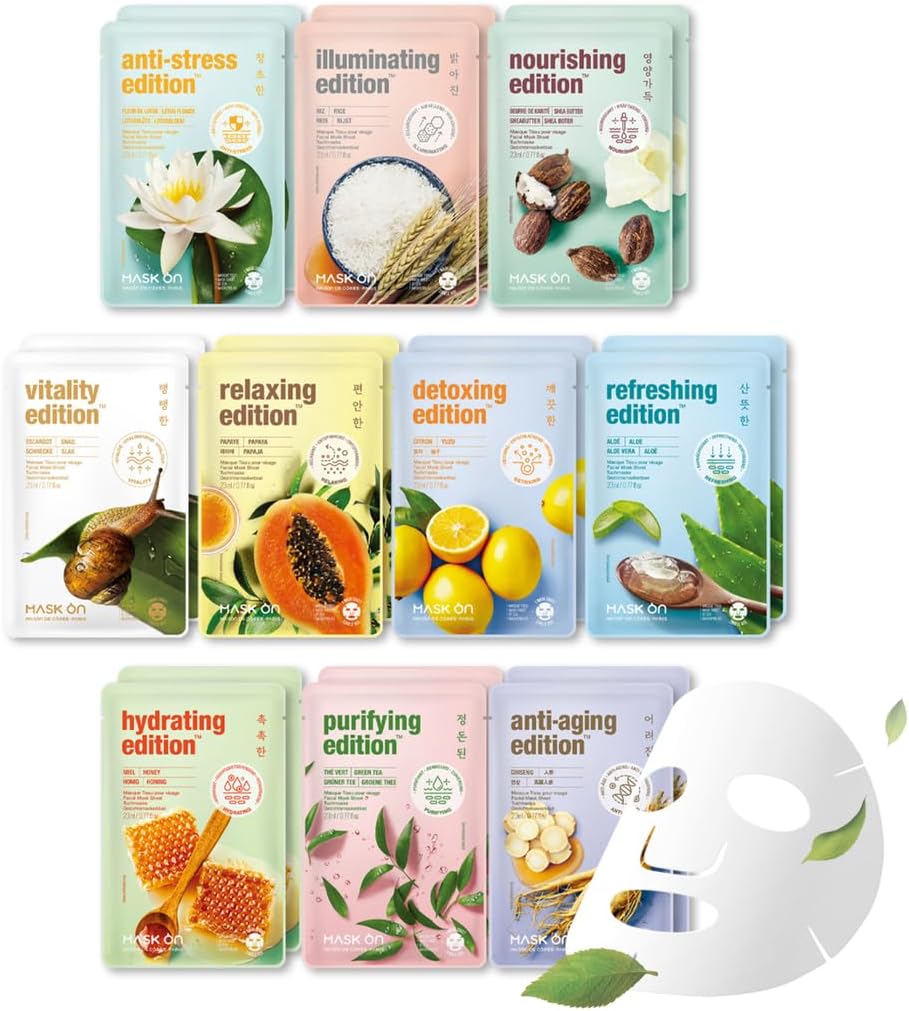[MASK ON] Masque visage coréen (20 EA) – Masque Essentiel Hydratant & Nourrissant, Soin quotidien avec 10 ingrédients naturel