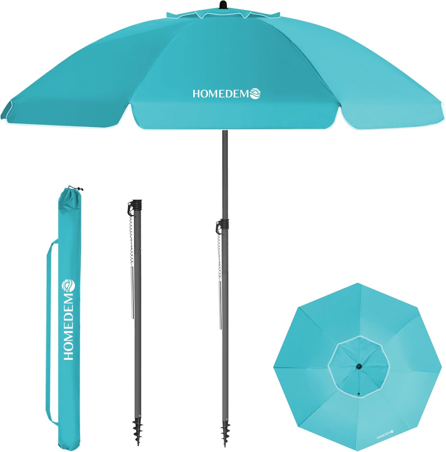 Parasol Plage Inclinable avec Revêtement Argenté, Protection Solaire UV50+, avec Pied d'Ancrage à Visser & Housse de Protection, pour Terrasse, Piscine, Marché, 200cm, Turquoise