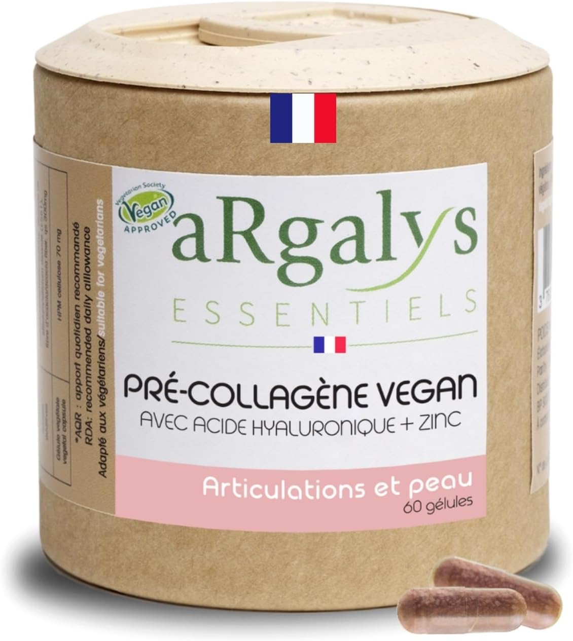 PRÉ-COLLAGENE + Acide hyaluronique 100% Végétal - Vitamine C Naturelle & Extraits de Plantes - Hydratation de la Peau + Protège OS et Articulations - 60 Gélules - fabriqué en France - Argalys