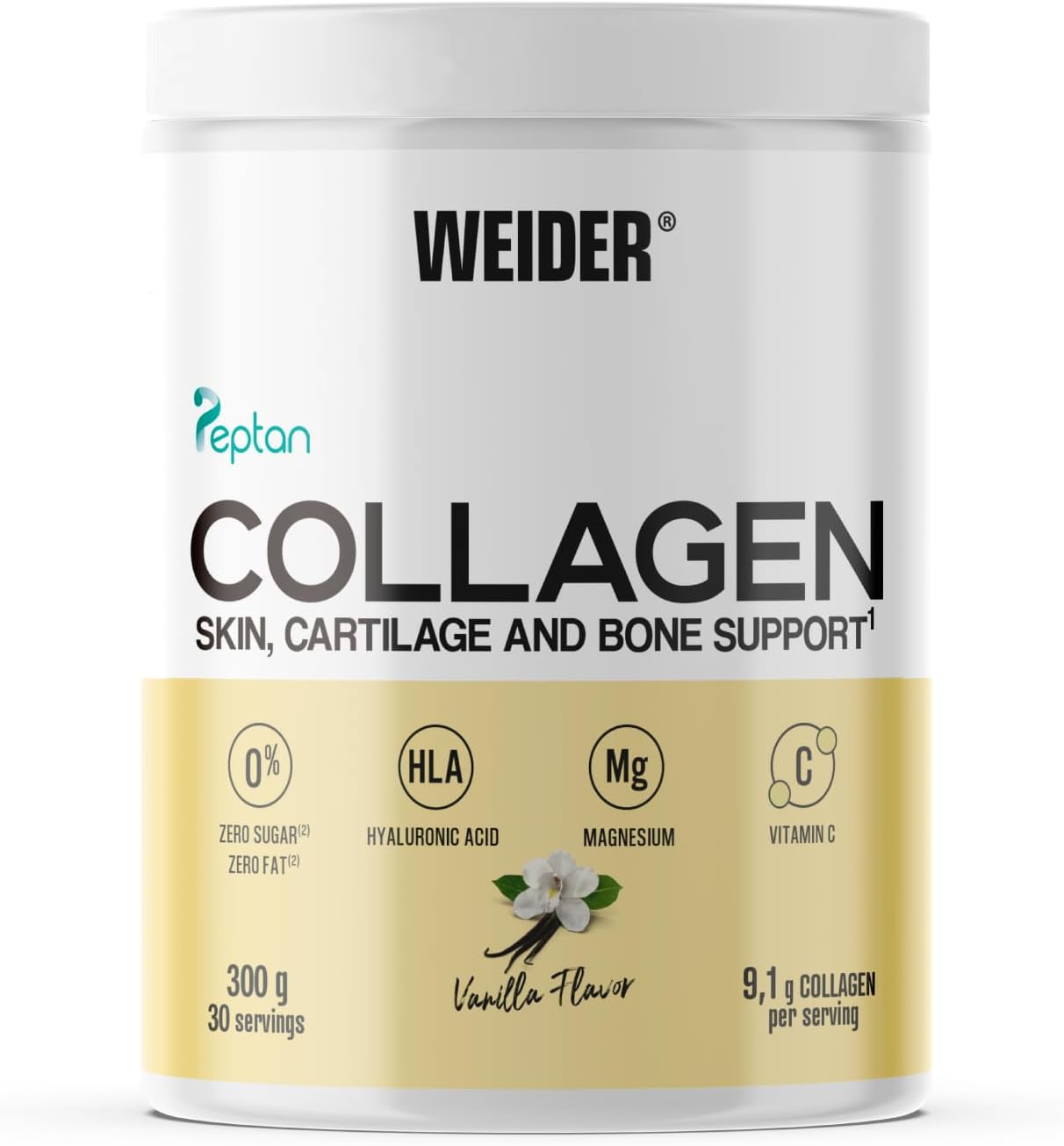 Collagen (300g) Goût Vanille - Peptides de Collagène Hydrolysé type I en Poudre 100% Peptan avec Acide Hyaluronique, Magnésium, Vitamine C, Sans Sucre, Pour Peau, Cartilage, Os et Cheveux