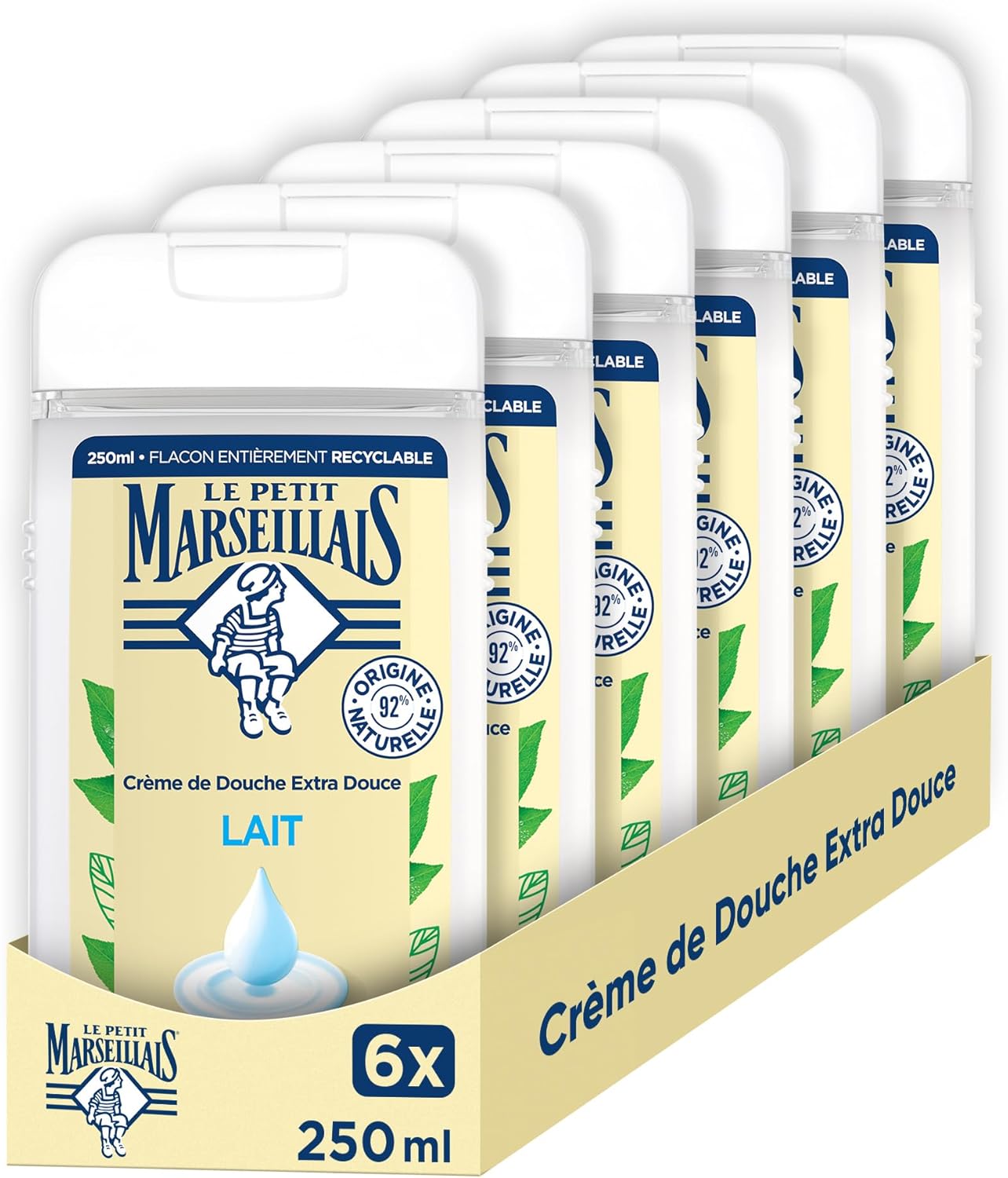 Crème de Douche Extra Douce Lait (lot de 6 flacons de 250 ml) – Gel douche avec 92 % d'ingrédients d'origine naturelle – pH neutre pour la peau et sans colorant