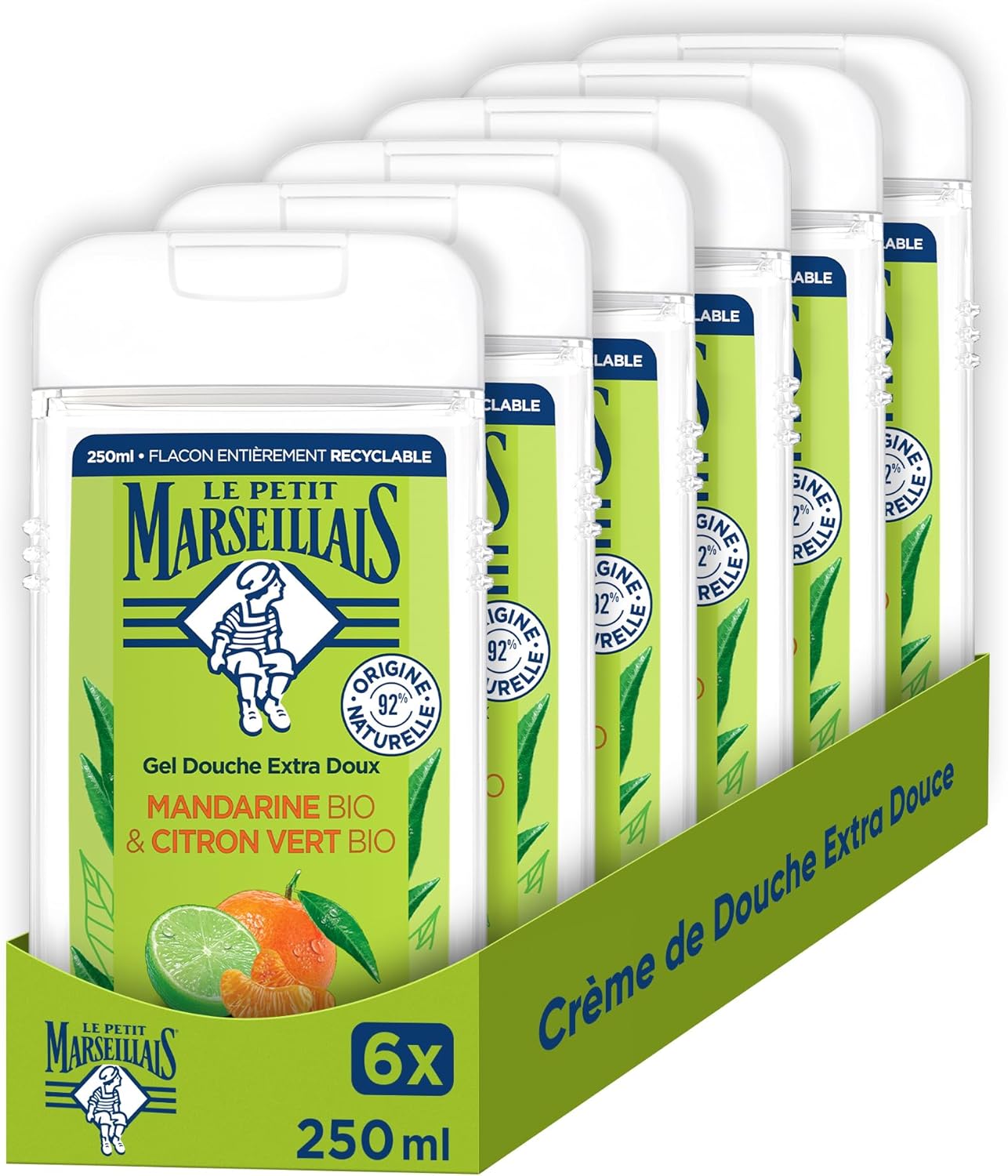 Gel Douche Extra Doux Mandarine Bio & Citron Vert Bio (lot de 6 flacons de 250ml) – 92 % d'ingrédients d'origine naturelle – Flacon entièrement recyclable