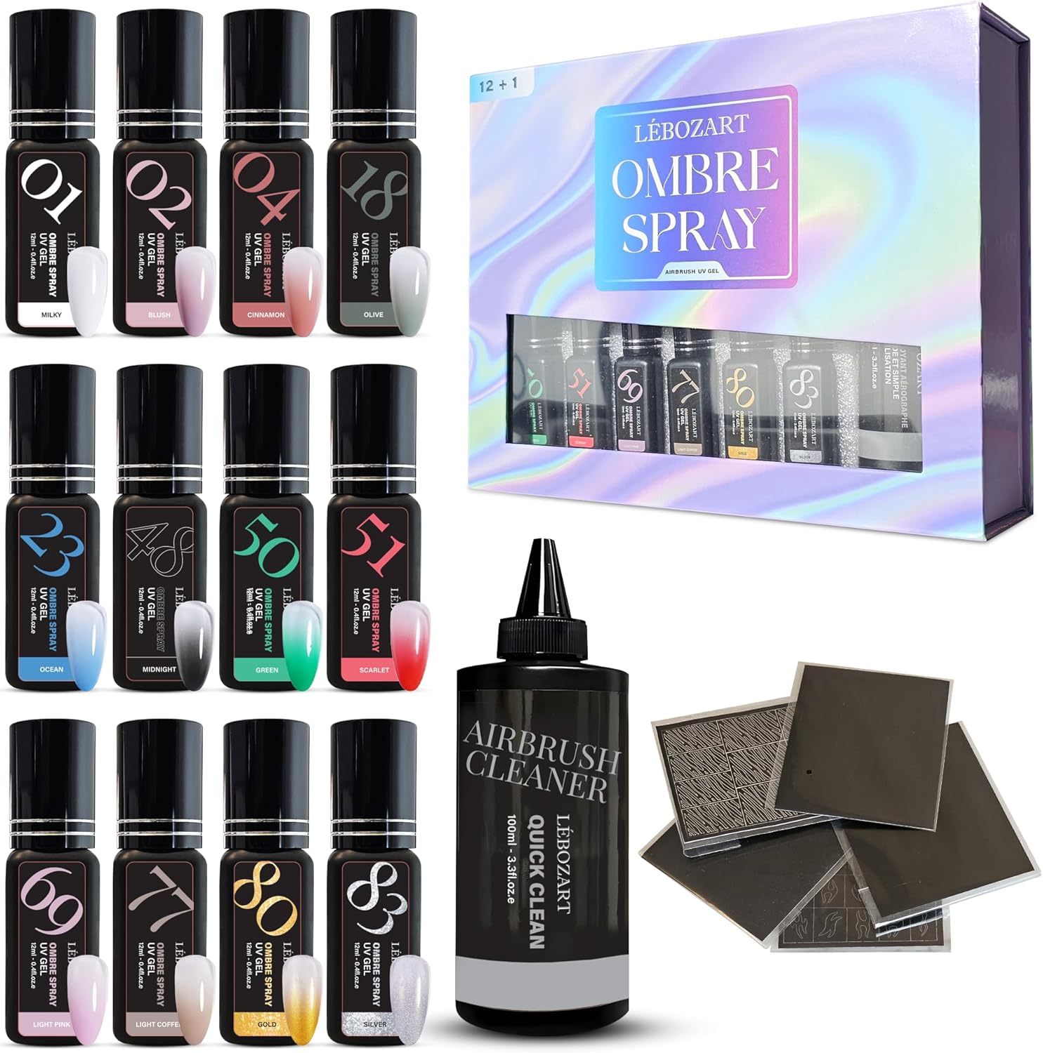 LÉBOZART Kit12 Couleurs UV Gel Vernis Semi-Permanent pour Airbrush - Nail Art - Nettoyant Aérographe - Pochoirs - Haute Pigmentation - Forte Adhésion - Effet Naturel - Facile à Nettoyer