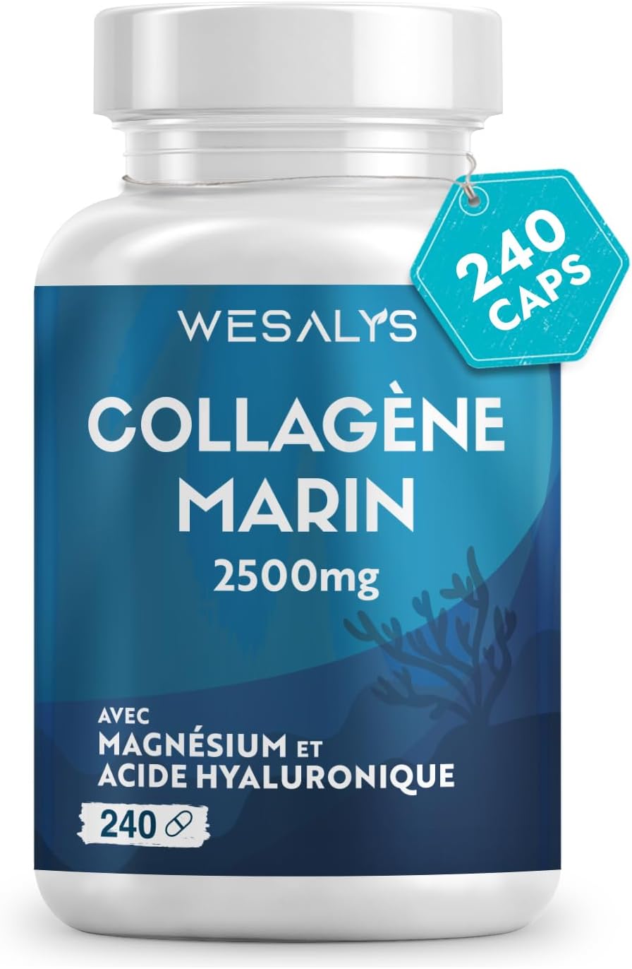 Collagene Marin et Acide Hyaluronique - 240 Gélules- 2500mg Collagène avec Biotine, Coenzyme Q10, Zinc, Vitamine C, Vitamine A, Magnésium - Formule Efficace - Qualité Premium, WESALYS
