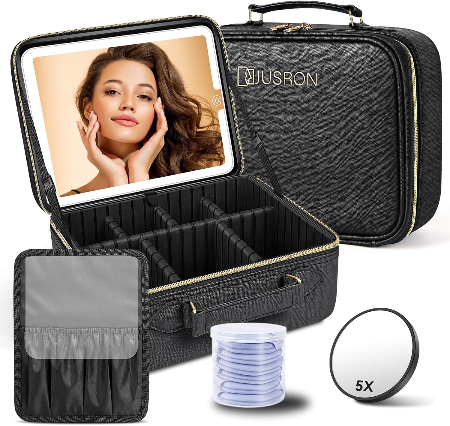 Trousse de Maquillage avec Miroir LED - 3 Modes d'Éclairage, Sac de Rangement Cosmétique Portable avec Compartiments Séparateurs Réglables, Trousse de Toilette avec Miroir de Maquillage(Noir)