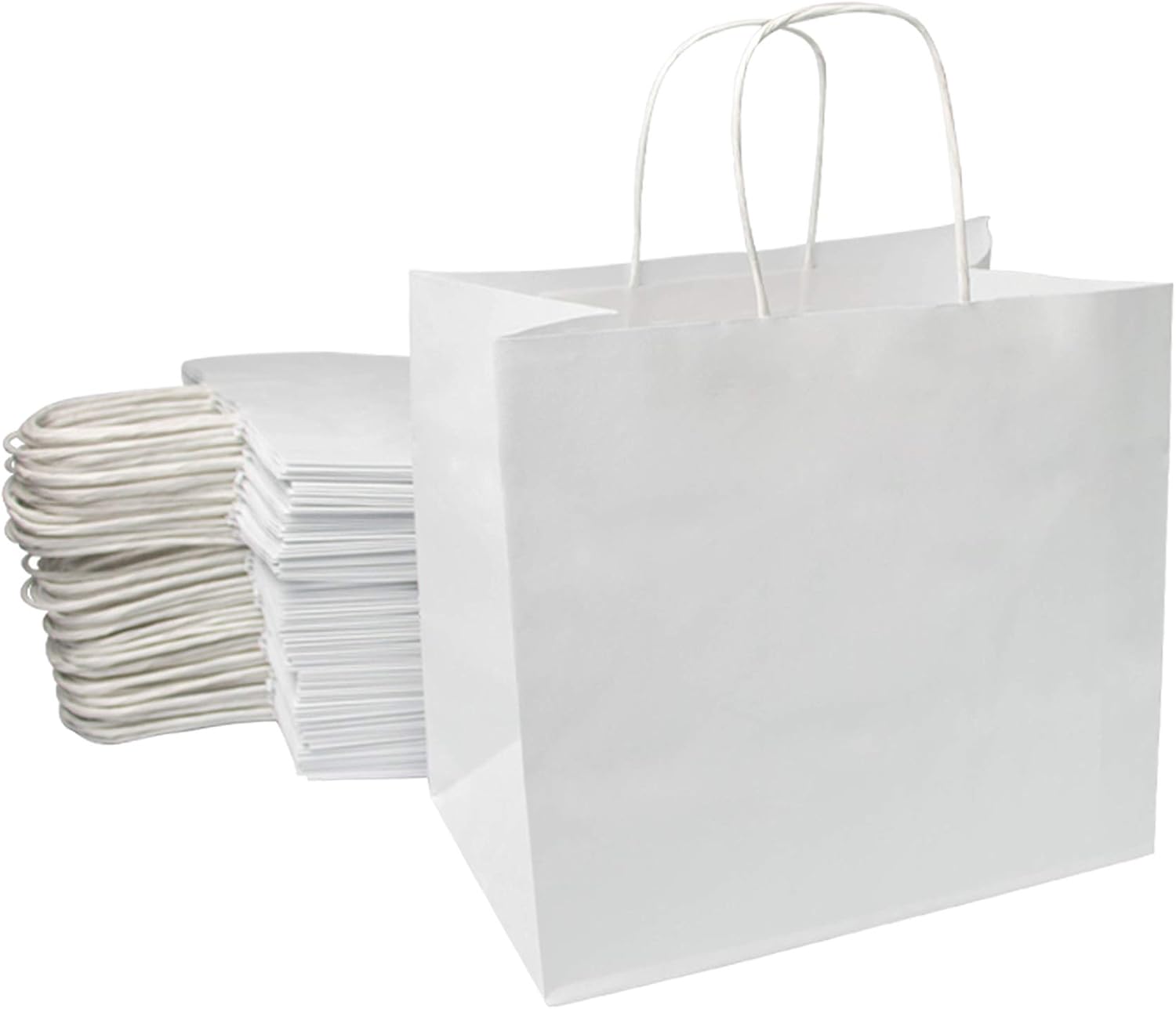 Extiff Lot de 50 Sacs Cabas Blanc en Papier Kraft avec Poignées -26 x 17 x 24 cm Sac de Courses/Emballage cadeau pour Anniversaire, Noël, Mariage...