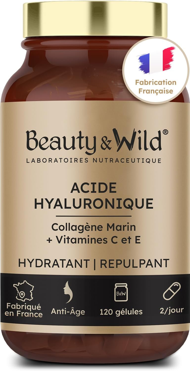 Acide Hyaluronique + Collagène Marin + Vitamine C & E, Anti-Âge Puissant, Peau Jeune & Lisse, Hydratation, Élasticité, Fermeté, Anti-Rides & Régénération Cellulaire – 120 Gélules, Cure 2 Mois