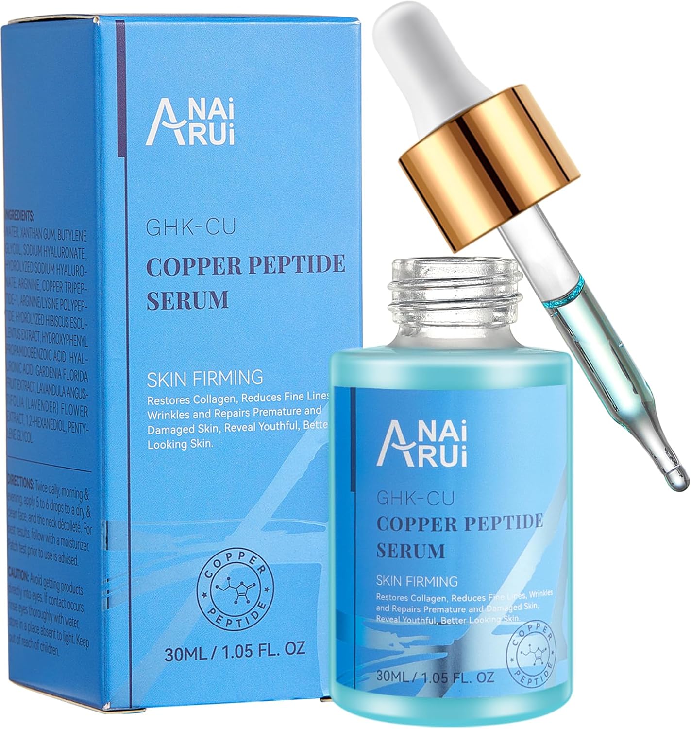 ANAiRUi Sérum Visage aux Peptides de Cuivre - GHK-Cu Copper Peptide Sérum Anti-Âge avec Acide Hyaluronique - Anti-Rides, Anti-Ridules et Hydratant, Plus d'élasticité de la peau, 30 ml