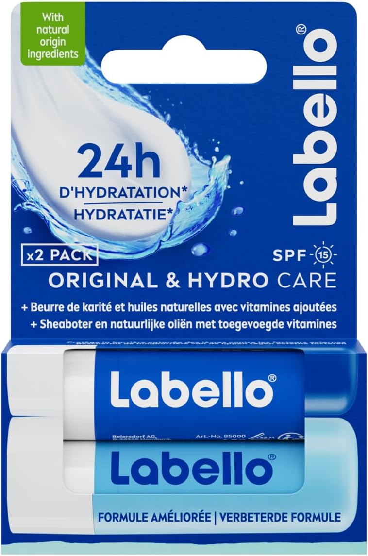 LABELLO Original & Hydro-Care (2 x 4,8g), Baume à lèvres enrichi en huiles naturelles et à la texture onctueuse & Soin des lèvres FPS 15 hydratation longue durée pendant 24H