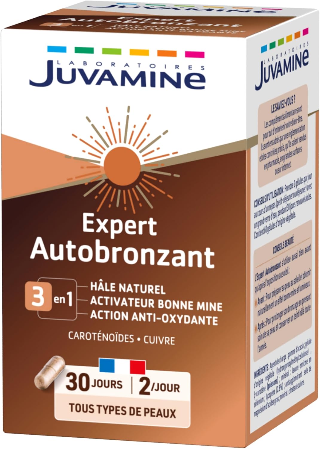 Expert Autobronzant 3 en 1, Bonne Mine, Action Anti, Oxydante, Hâle naturel, Caroténoïdes, Avant et Après une Exposition au Soleil, Programme de 30 jours, 60 gélules, Fabriqué en France