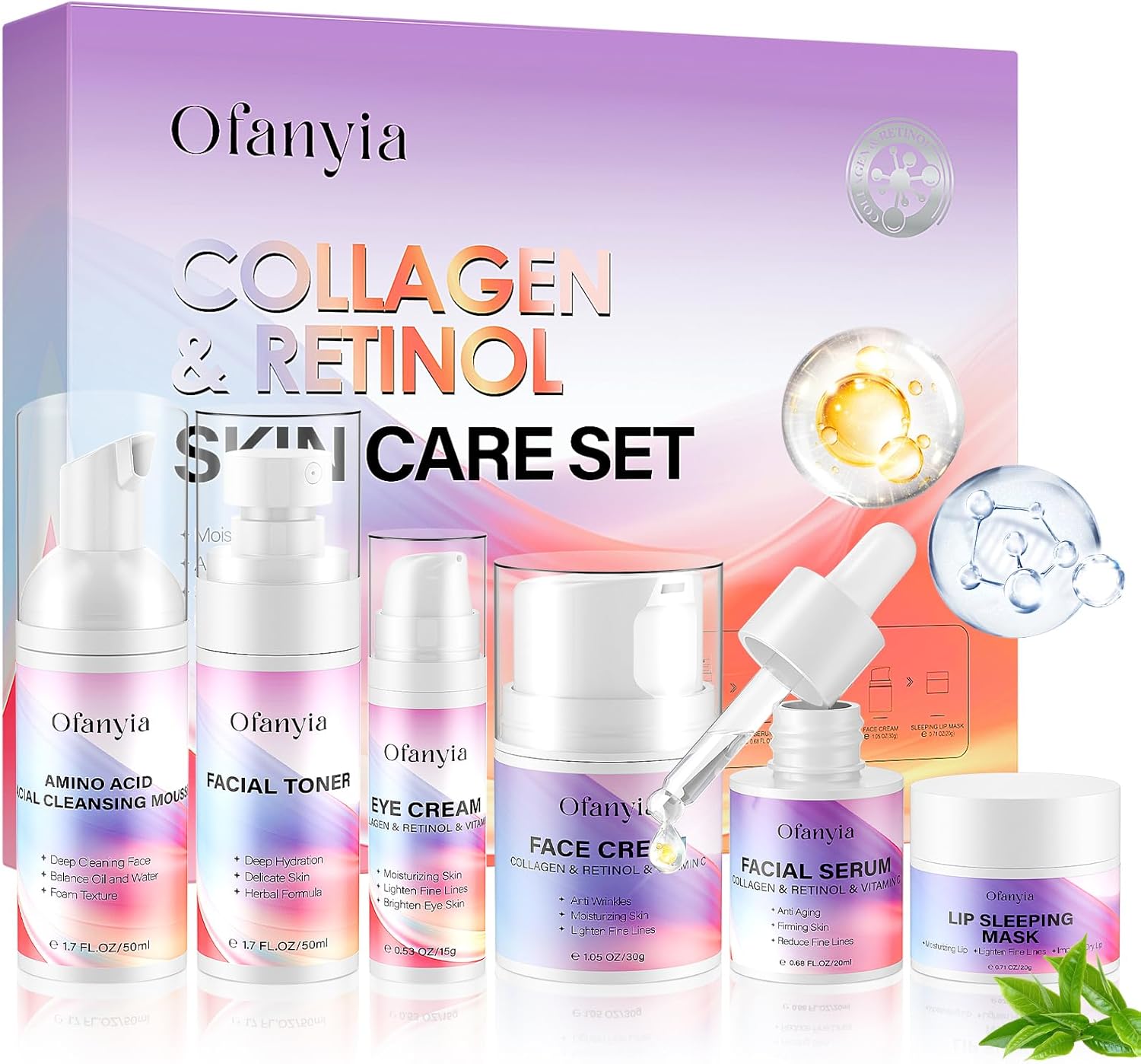 Collagène Rétinol Coffret de soins de la Peau 6 en 1 Avec Nettoyant Pour le Visage, Tonique, Sérum, Crème, Crème Pour les Yeux et Masque Pour les Lèvres, Coffret de Soins Anti-vieillissement Pour les