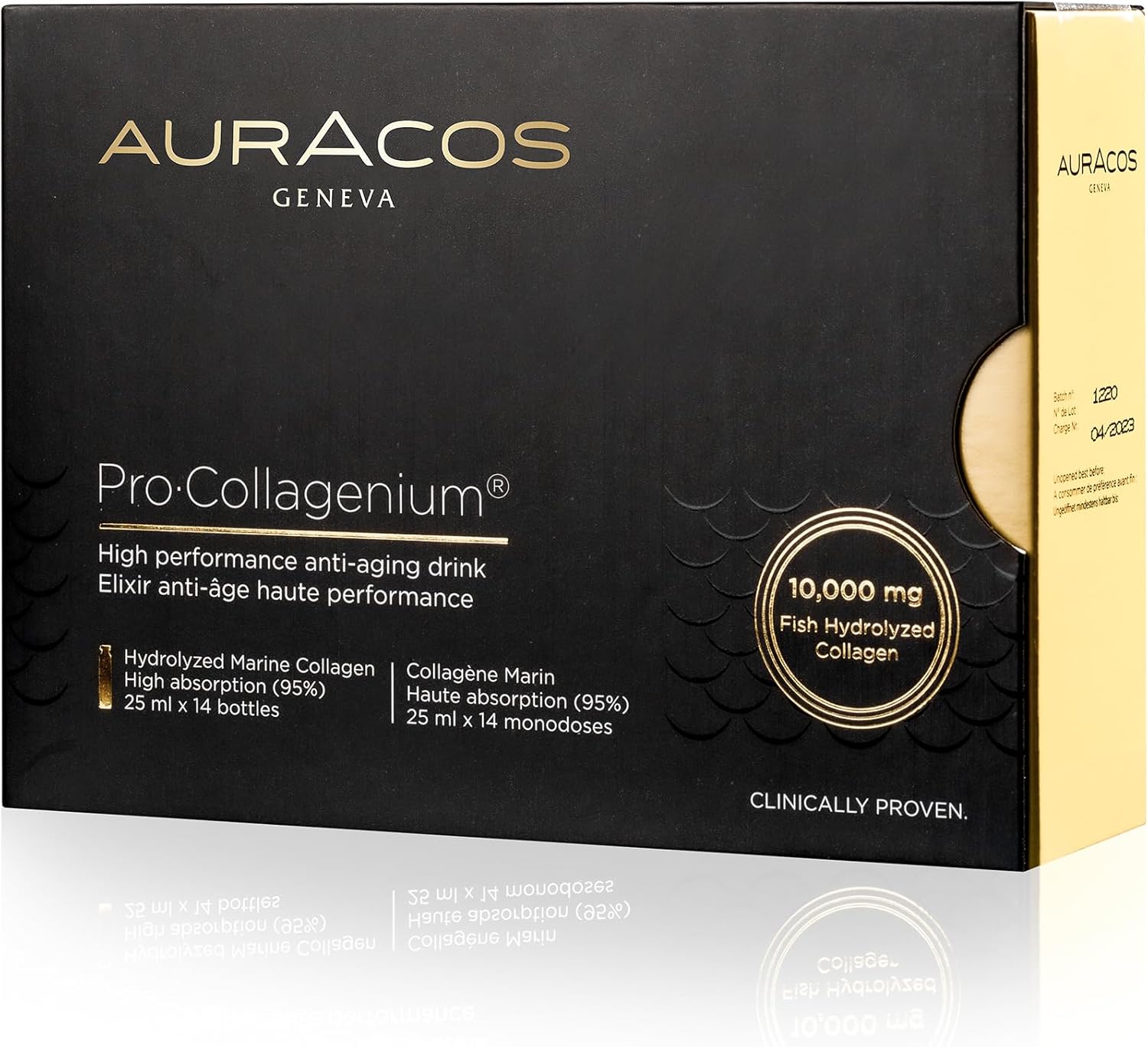 Pro Collagenium Anti-Âge 14 Fioles de 25 ml - Collagène Marin Super Concentré à 10.000mg - Peau lisse & Tonique, Signes de l’âge retardés - Auracos