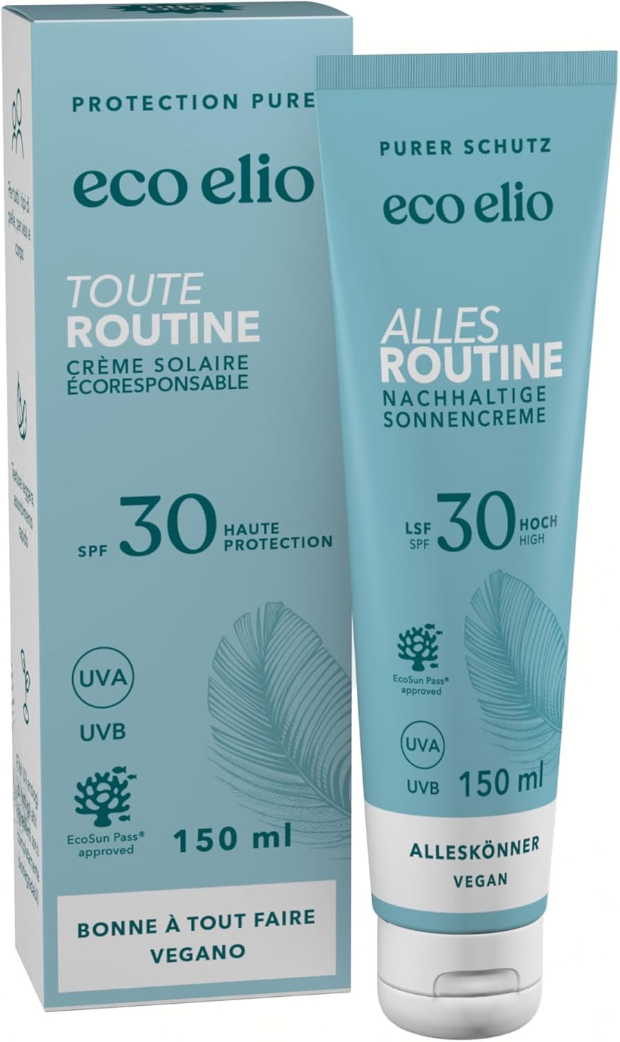 Eco elio SPF 30 Crème solaire éco-responsable durable 150ml "Toute routine" I Crème solaire sans octocrylène sans microplastiques I Crème solaire visage SPF 30 I Sans parfum es sans cosmétiques
