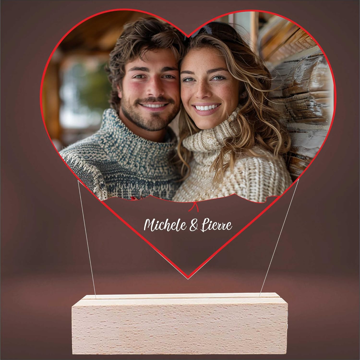 INDIGOS UG - lumière LED 3D personnalisée - coeur - avec photo et texte souhaité - cadeaux personnalisés - verre acrylique 14x14 cm - lumière blanc chaud en option