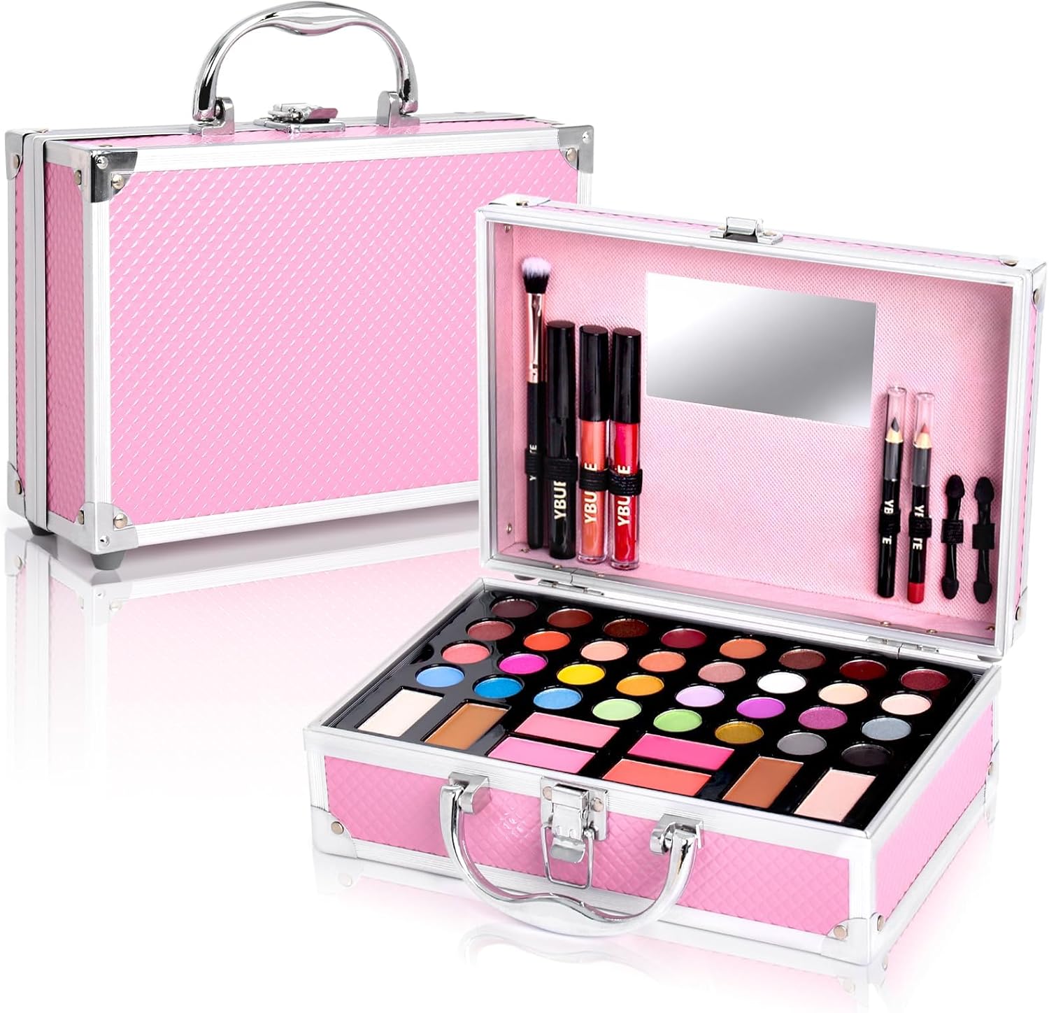 YBUETE Kit de maquillage débutant pour adolescente, coffret cadeau de maquillage pour fille et femme, kit de maquillage débutant avec étui de train cosmétique inclus 32 couleurs de fard à paupières,